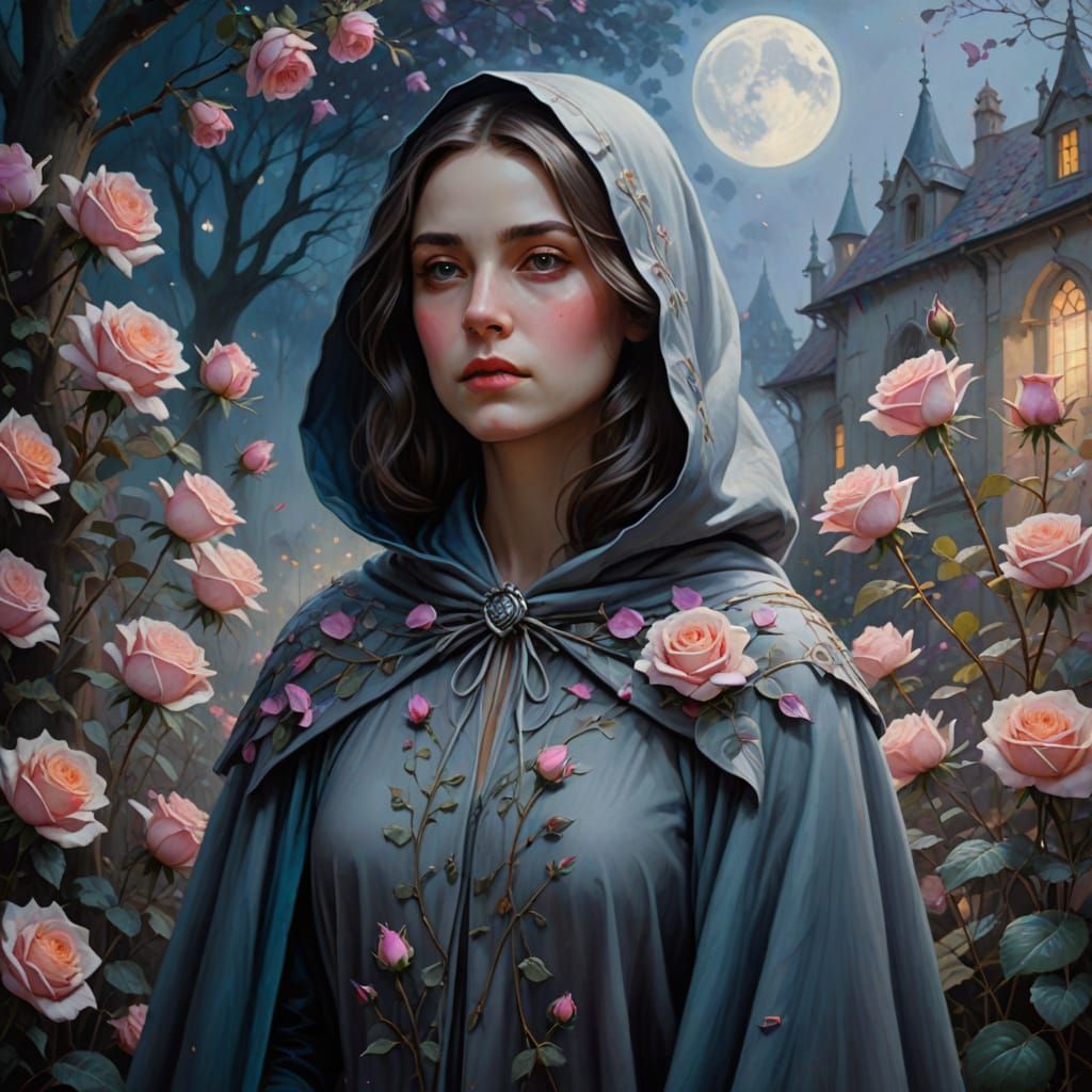 Surreal Lady in a Dreamy Garden of Roses under the Silvery M...