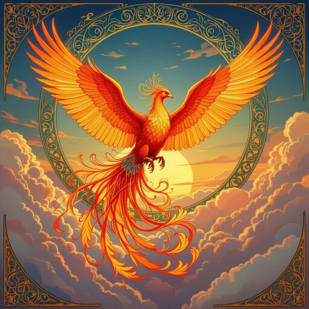 Phoenix Soaring Through Twilight Sky in Art Nouveau Style