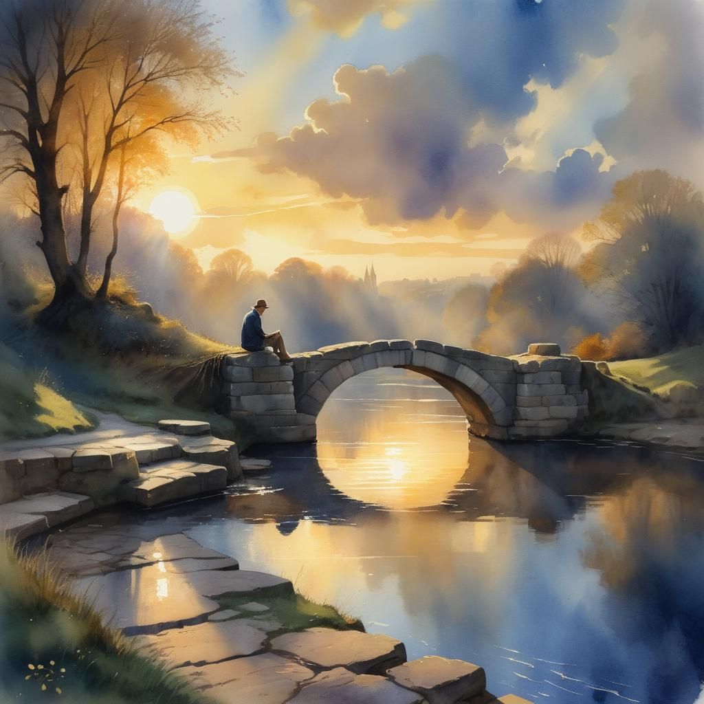 Nostalgic Watercolor of Man on Stone Bridge