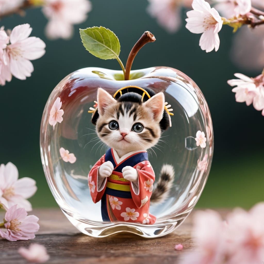 Tiny Geisha Kitten in Glass Apple with Cherry Blossoms