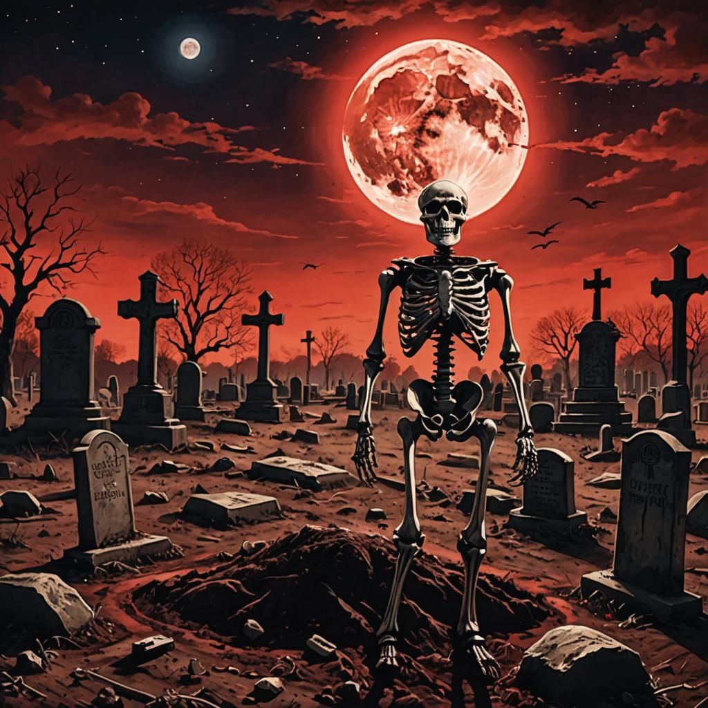 A skeleton rising from the dirt in a graveyard on a night with a blood red sky as the moon shines in front of the sun