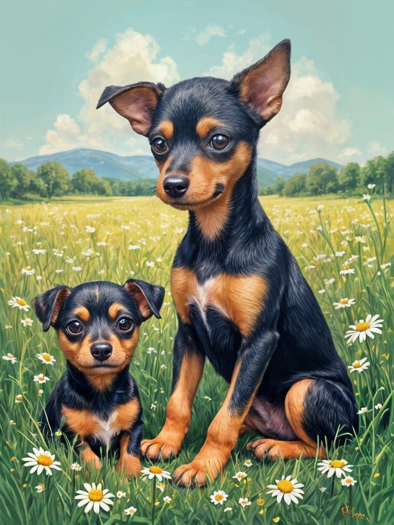 Min Pin Mother and Puppy Play in a Field of Bright Daisies