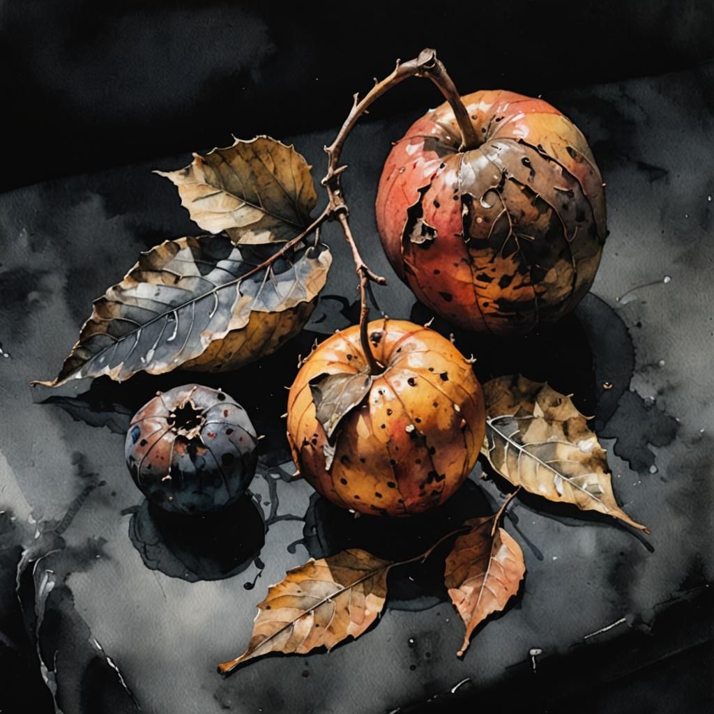 Dark Watercolor Still Life with Decaying Fruit