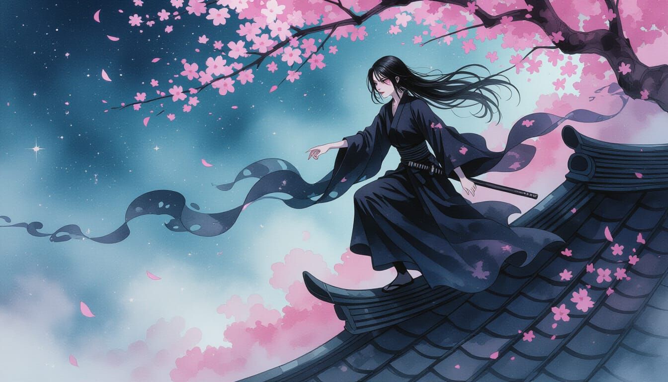 Gothic Ninja on Rooftop in Ink and Watercolour Fantasy