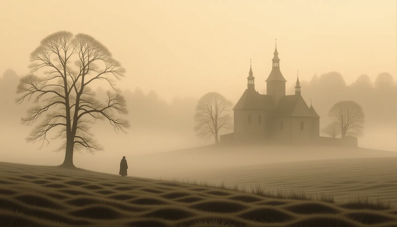 Misty Atmospheric Scene in Sepia Tones