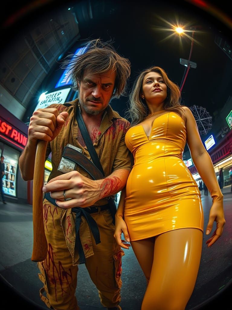 Intense Fisheye Photo of Axe Man and Woman in Yellow