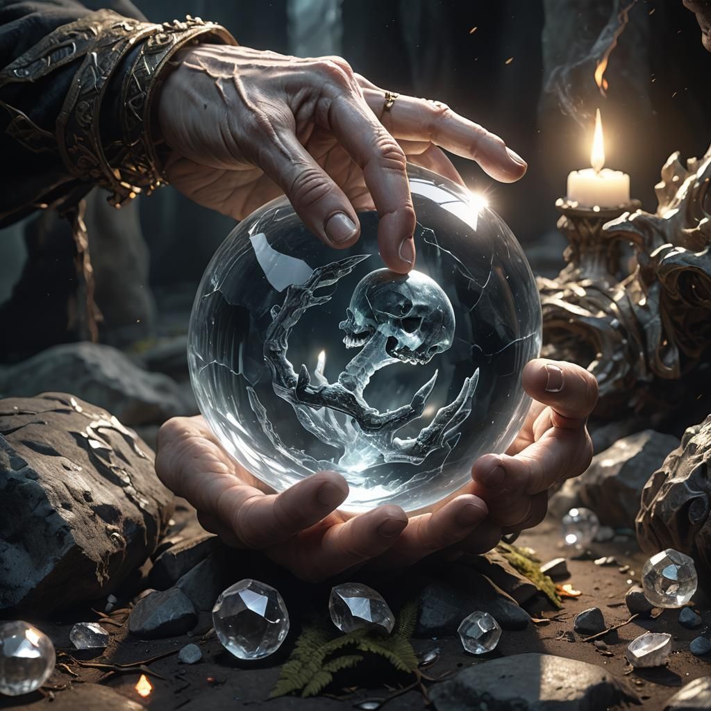 Death's Grasp: Glowing Crystal Ball Fantasy Art