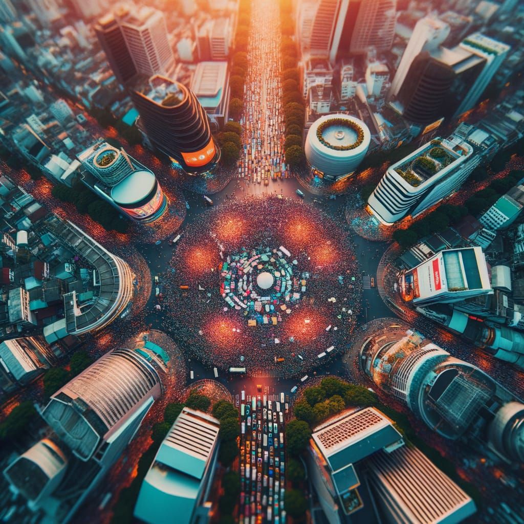 Aerial View of Global Protest Against Tariff Wars in Bustlin...