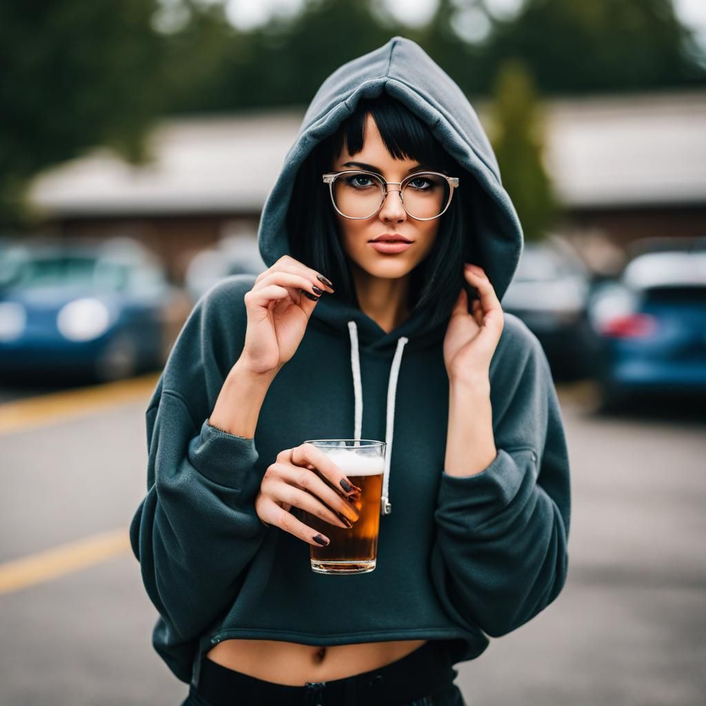 Woman with Black Hair Drinking Outdoors