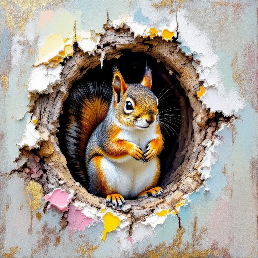 Squirrel in Tree Hole, Metamodern Impressionist Painting