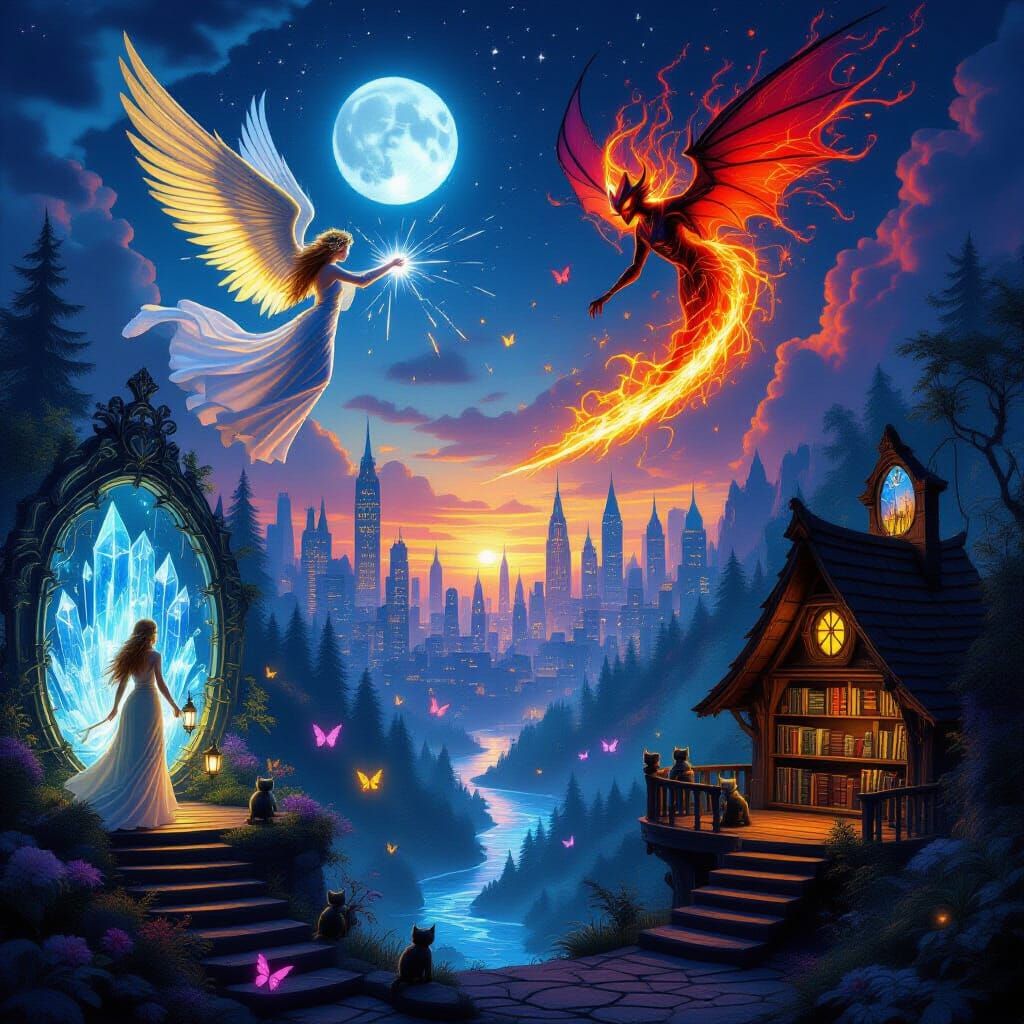 Angel vs Demon in Cyberpunk Dreamscape