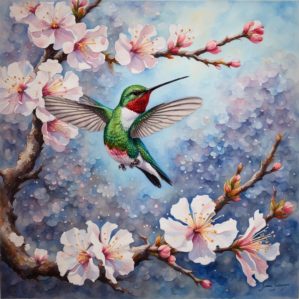 Glass Hummingbird with Cherry Blossoms in Watercolour