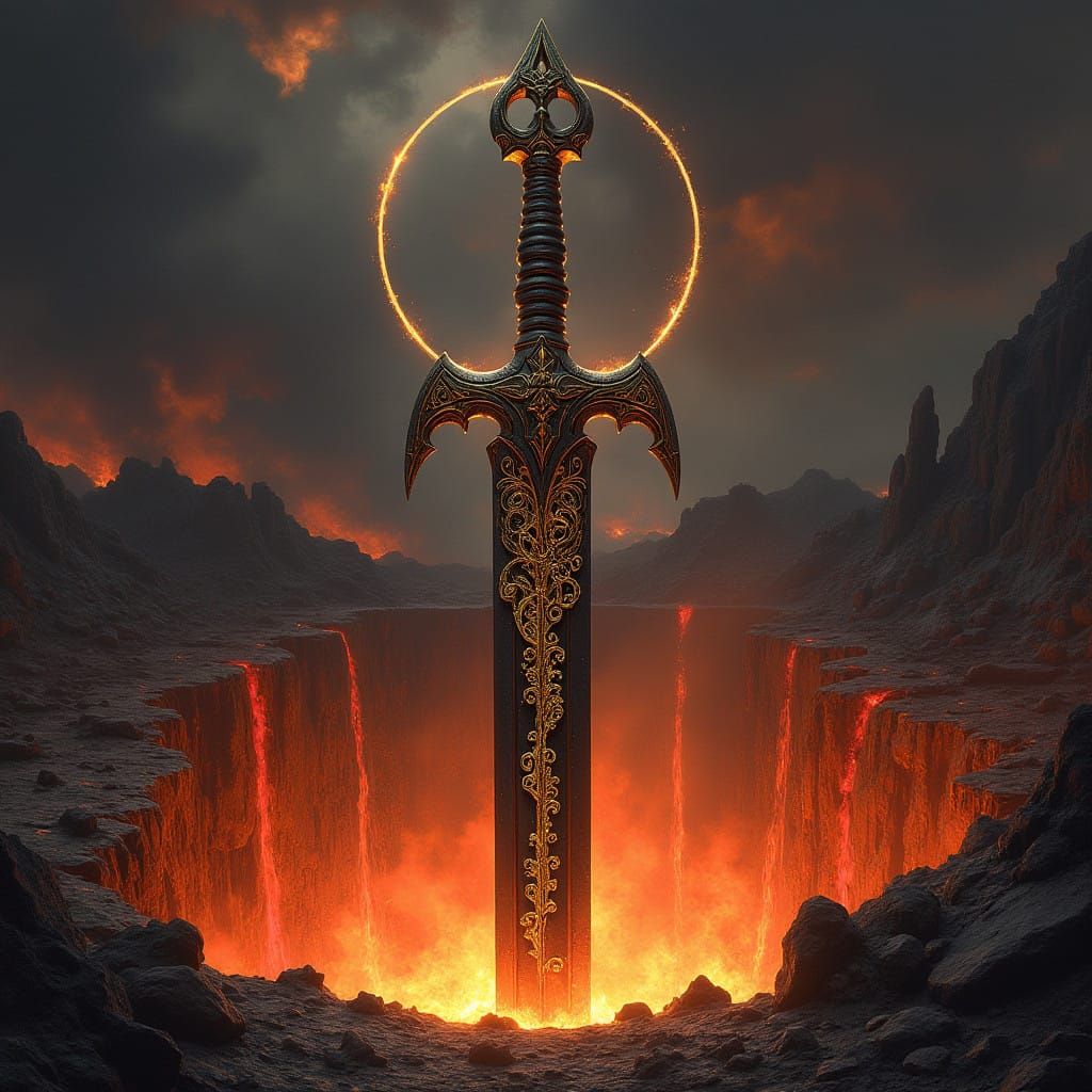 Epic Black Sword Emerges from Volcanic Depths in Dark Fantas...