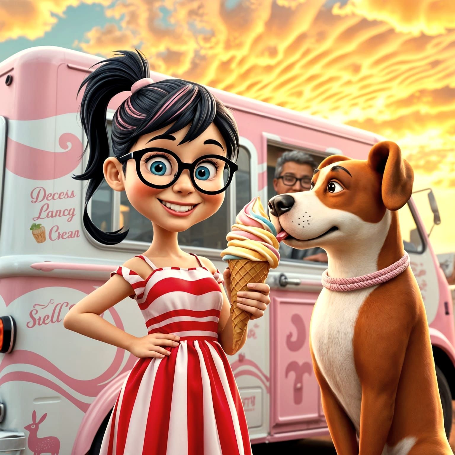 Whimsical Summer Girl in Front of a Vintage Ice Cream Truck