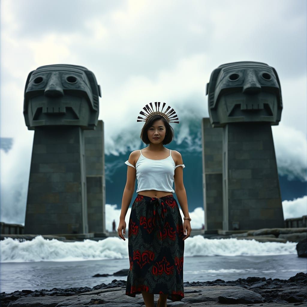 Woman Between Colossal Heads Under Approaching Tsunami