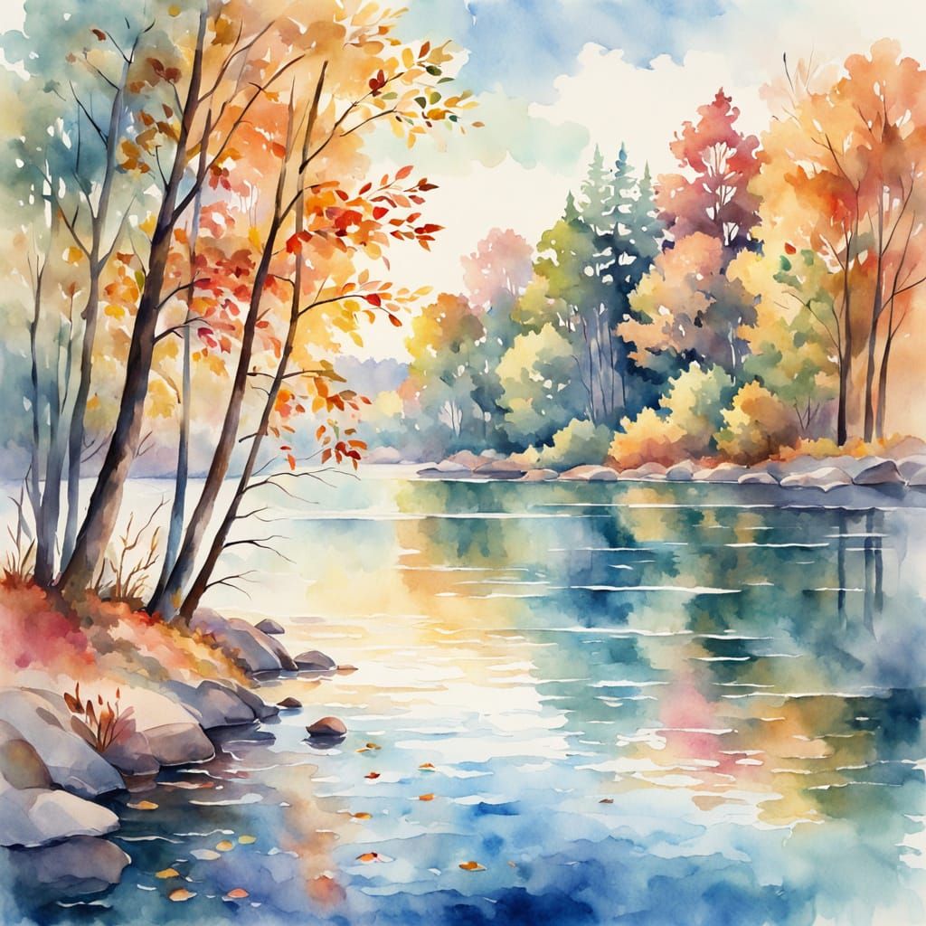 Watercolor Lake Landscape with Autumn Foliage