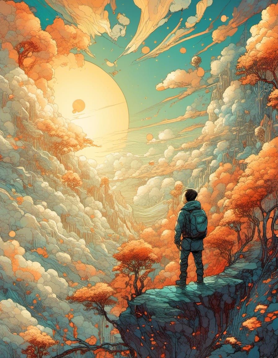 Boy Flying Kite at Sunrise in Watercolor Ink Style