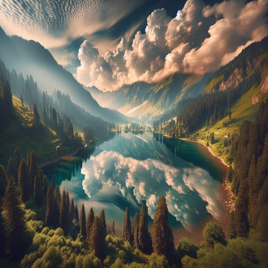 Surreal Landscape with Pine Trees and Reflecting Lake