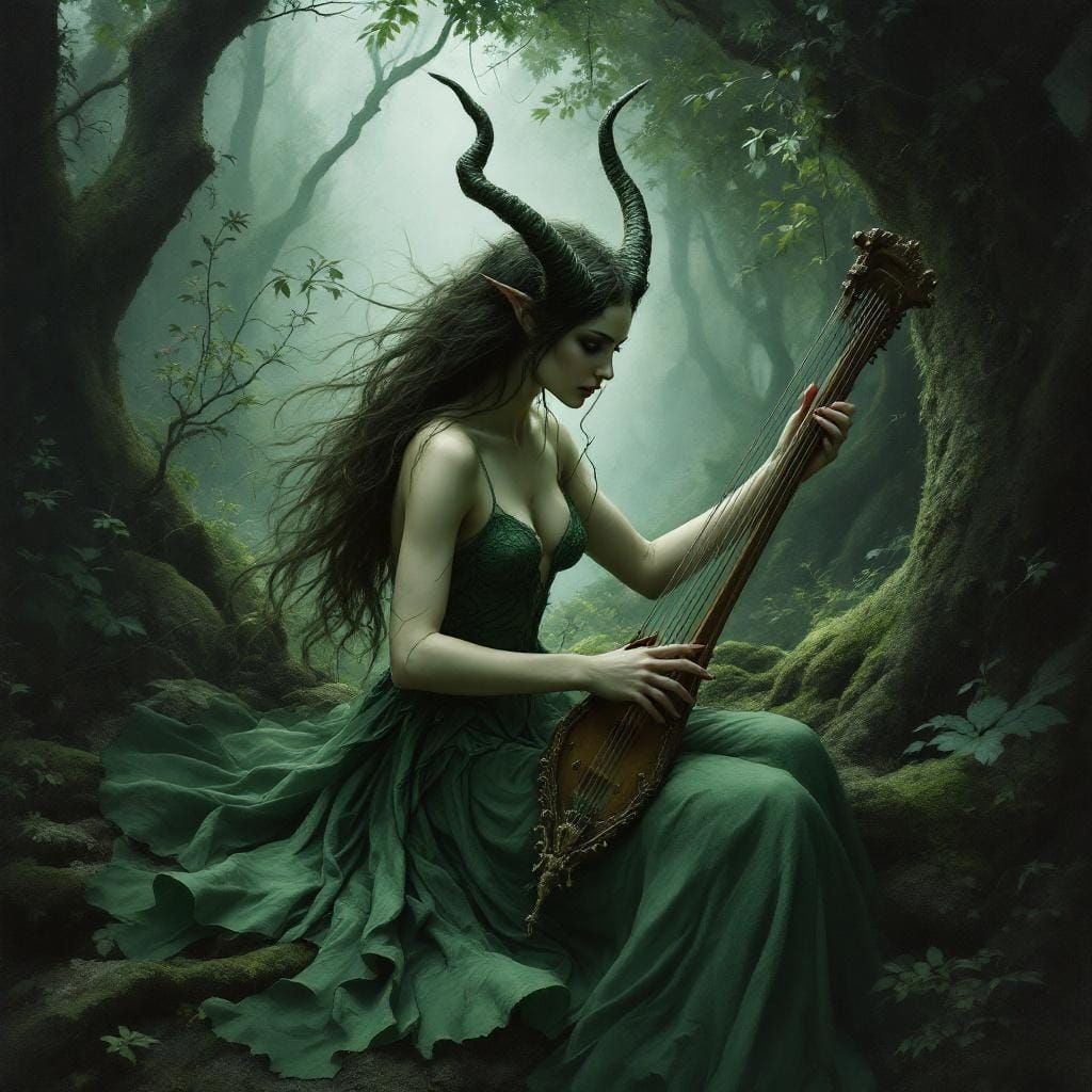 Mystical Satyr Woman Plays Lyre in Dark Fantasy Style