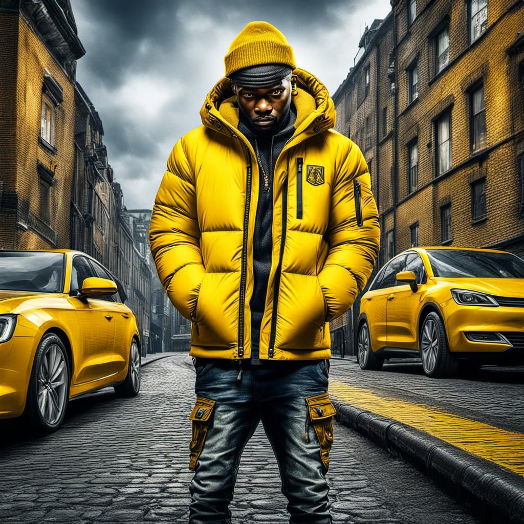 Rapper in Yellow Puffy Jacket, Hyperrealistic HDR Portrait