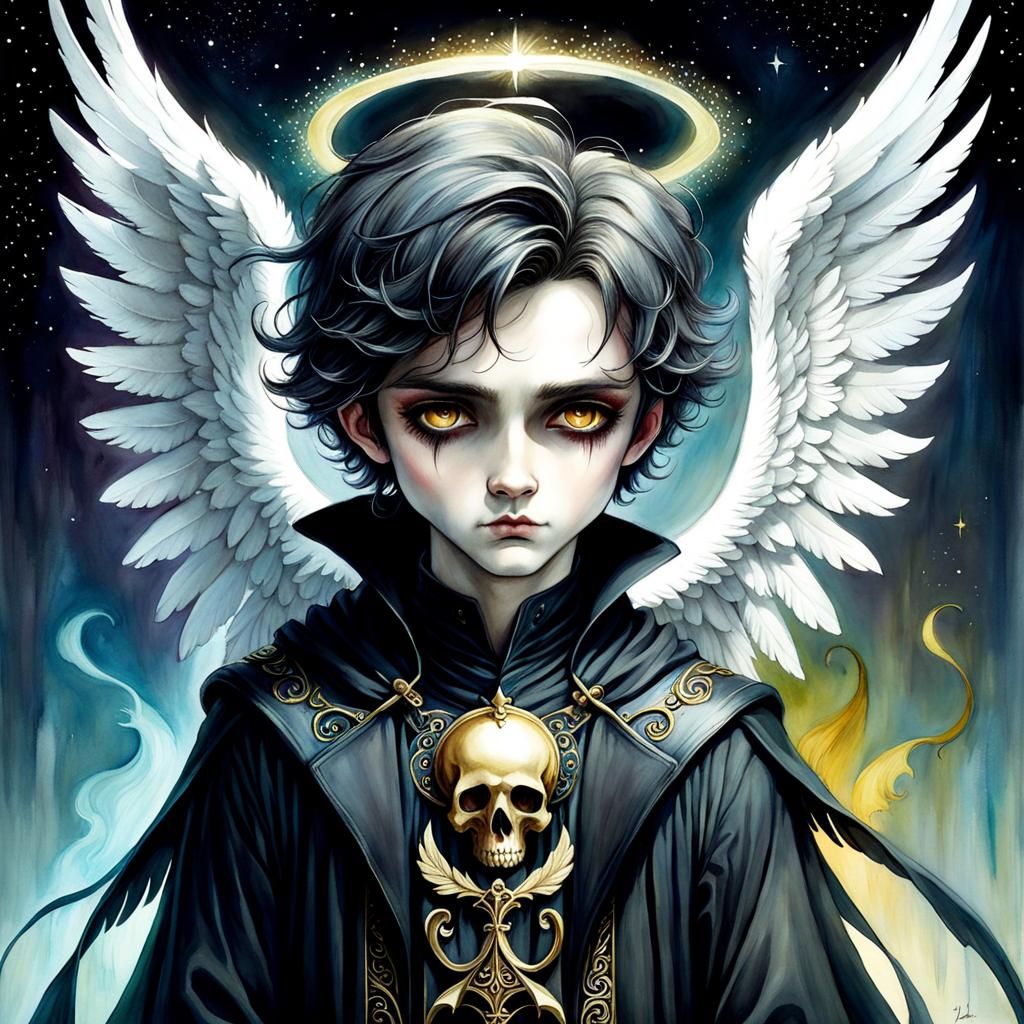 Cute Angel of Death Boy in Watercolor Style