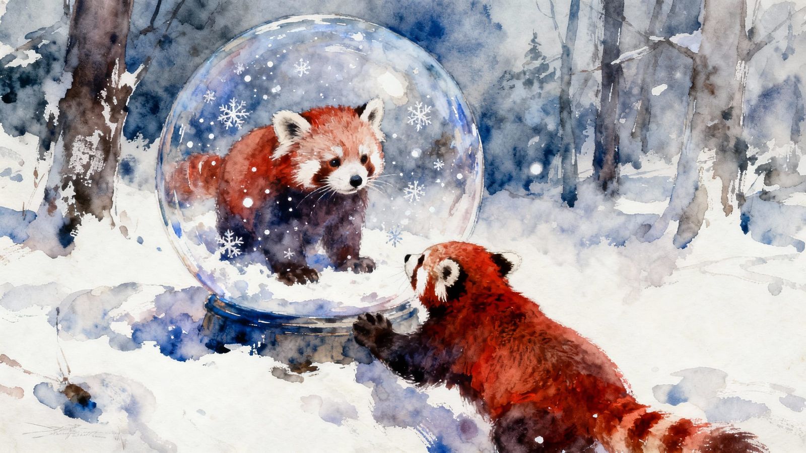 Red Pandas in Snow Globe, Expressive Watercolor Style