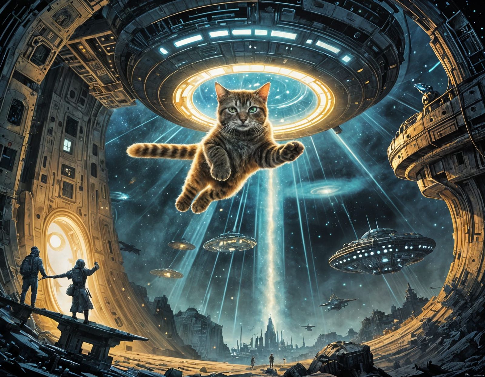 Cat Abduction by UFO: A Retrofuturistic Pop Art