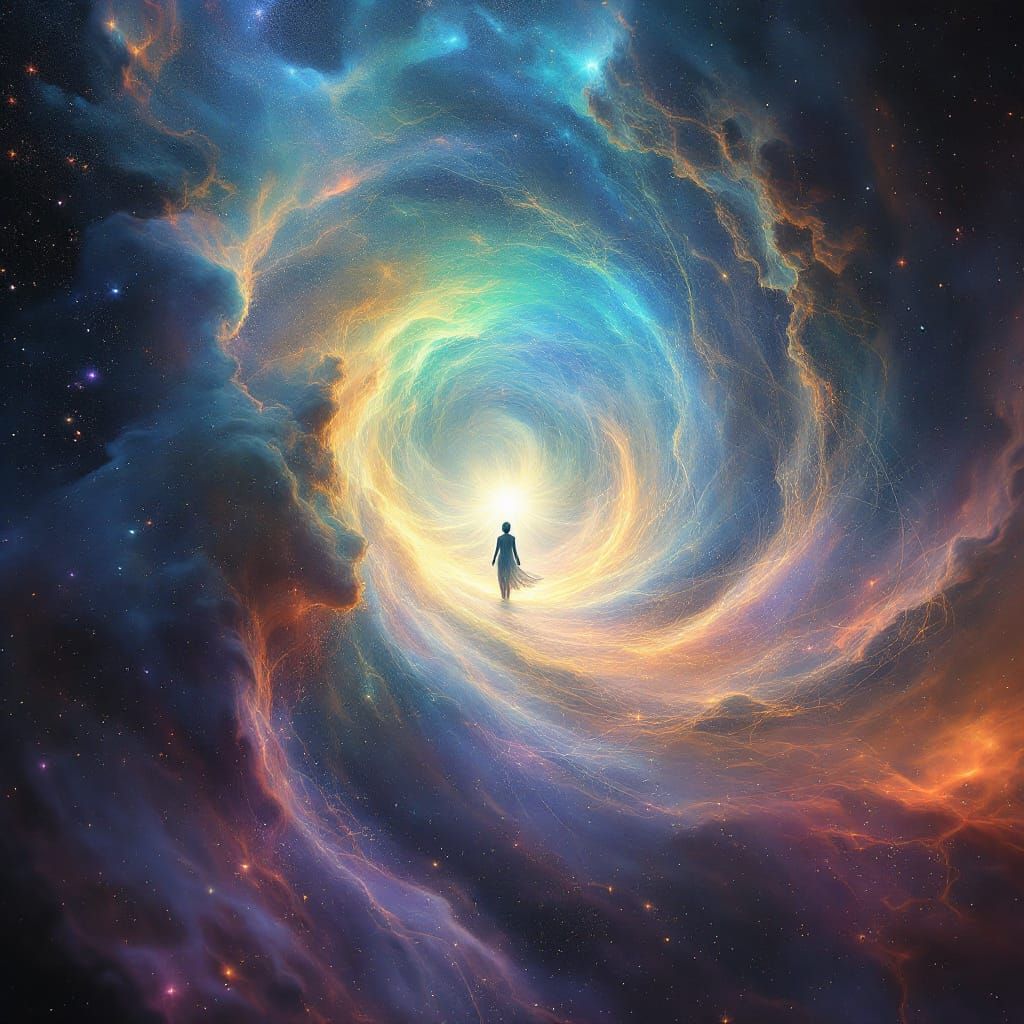 Mystical Cosmic Drifter in Iridescent Nebula