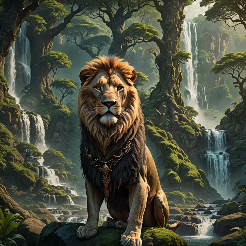 Majestic Lion and Woman in Lush Forest