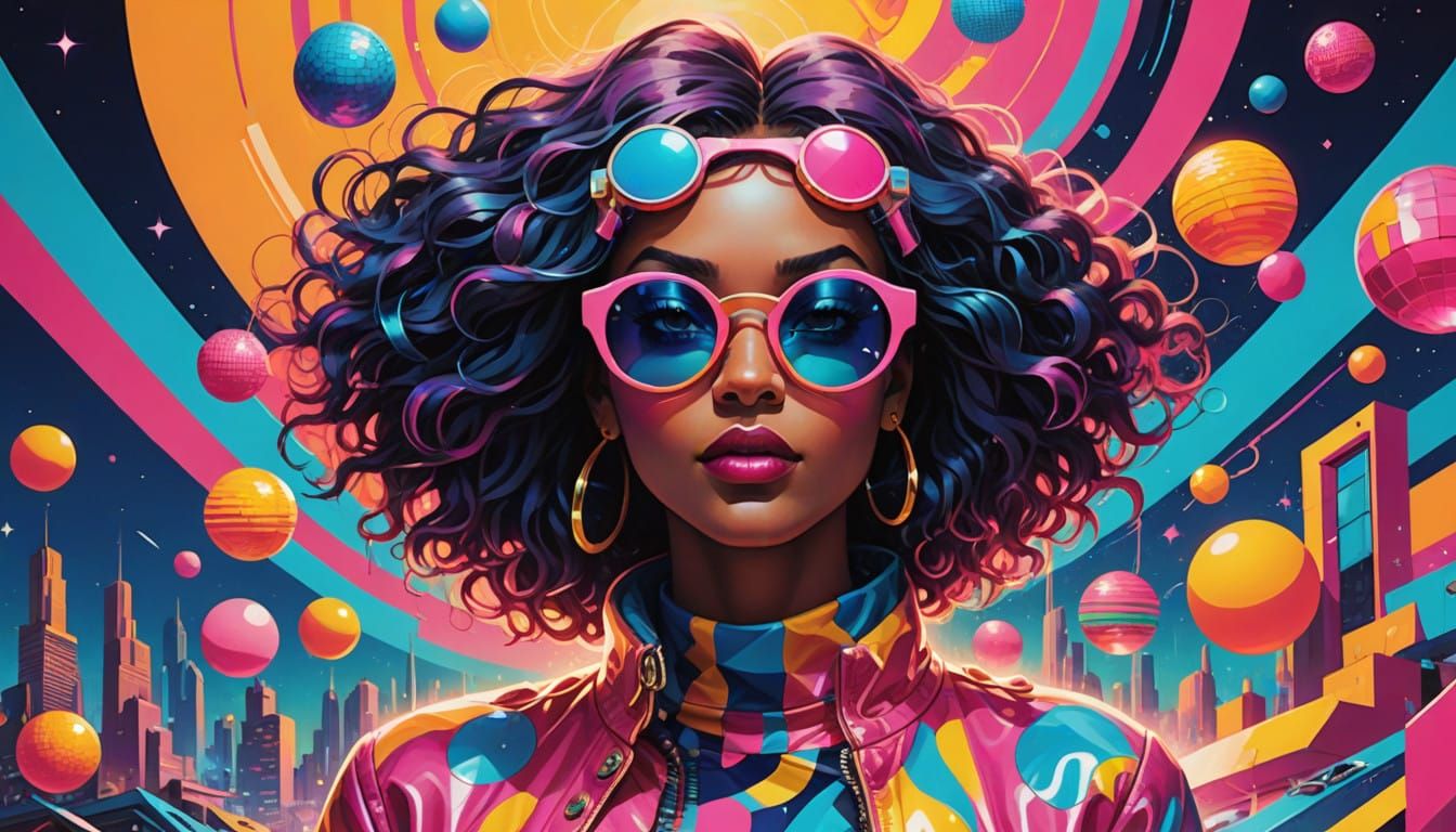 Funky Girl in a Vibrant Retro-Futuristic World