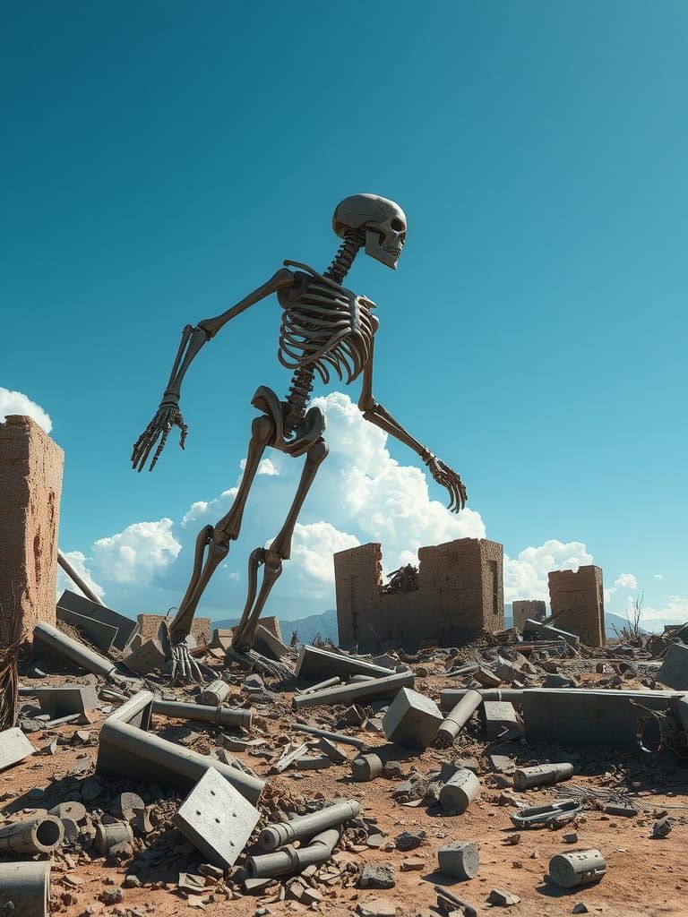 Skeletal Robot Emerges in Post-Apocalyptic Landscape