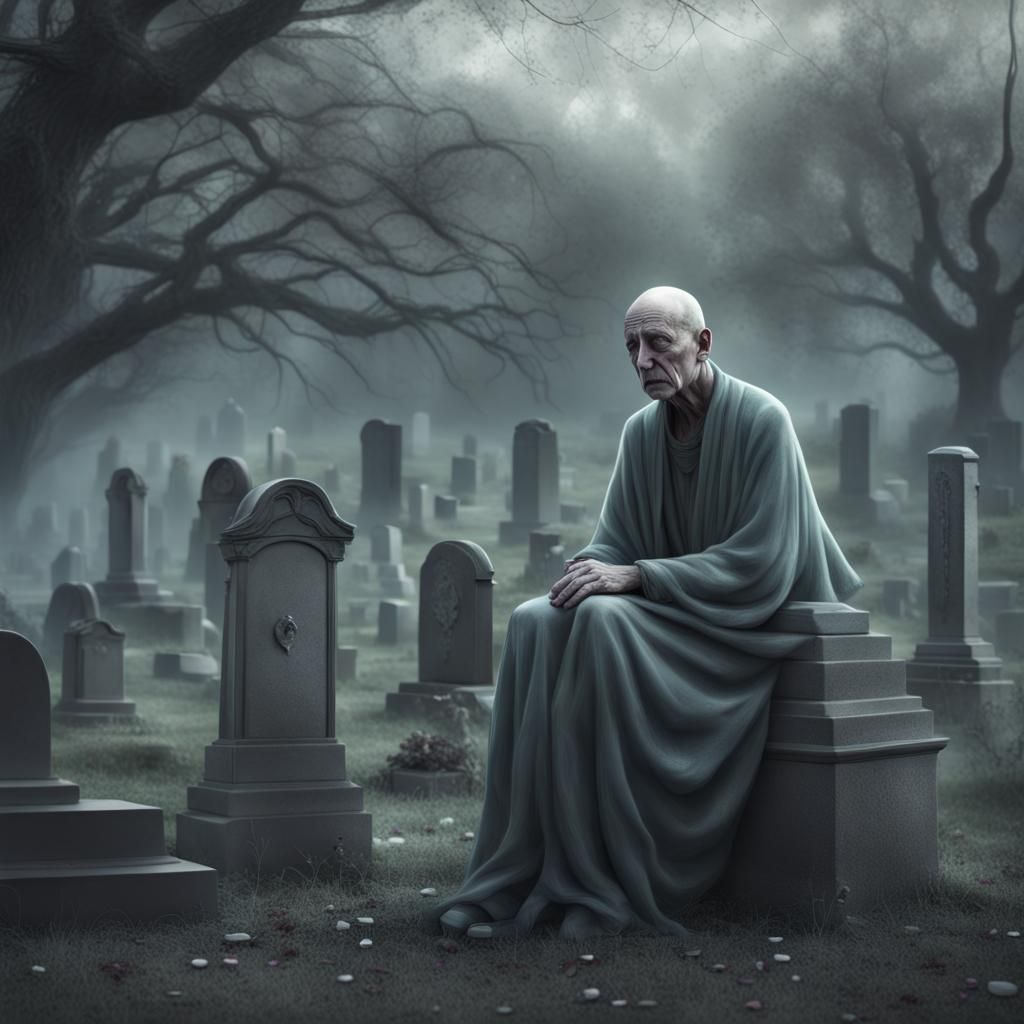 Sad Man Surrounded by Ghosts in Cemetery