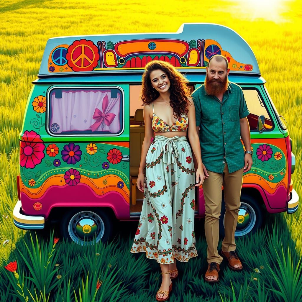 Vibrant Hippie Van Scene in the Style of Peter Max