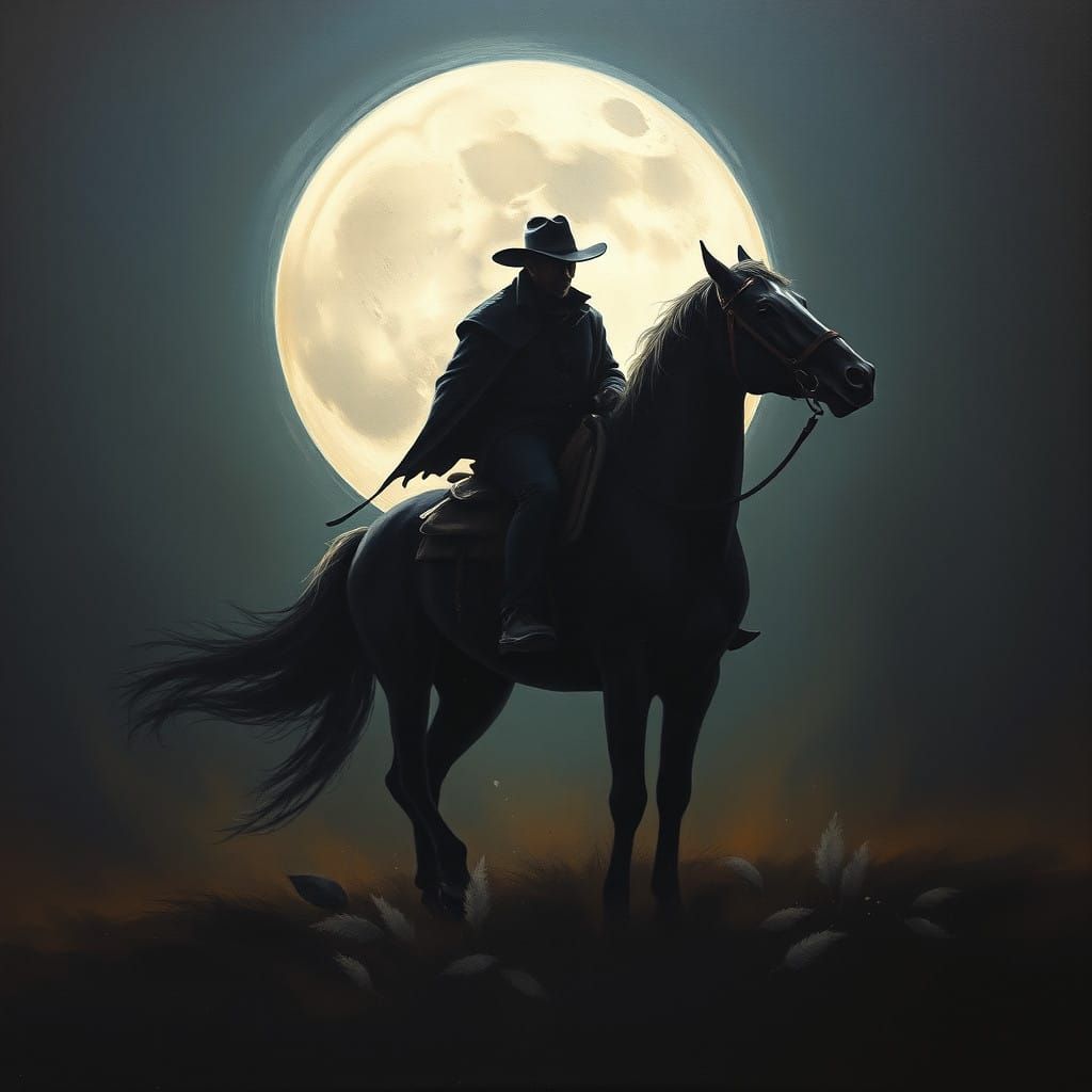 Cowboy Under Moonlit Sky in Dark Fantasy Oil Painting