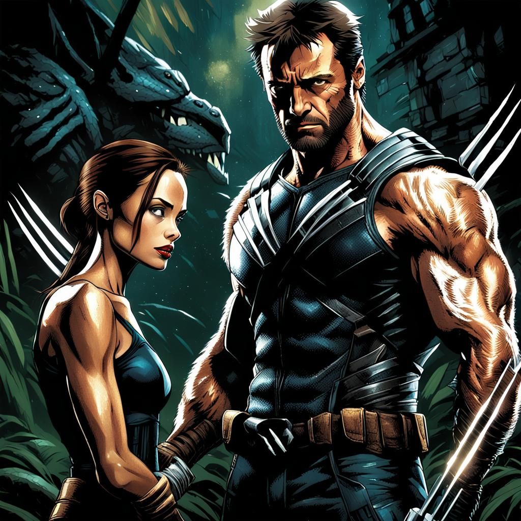 Wolverine and Lara Croft in Dark Fantasy Style