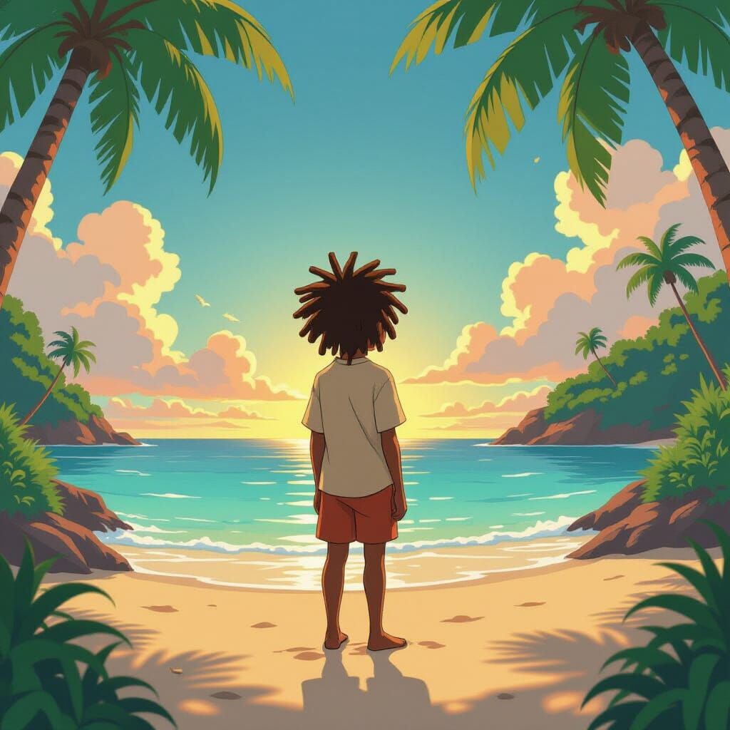 Anime Art of a Boy on a Tropical Beach