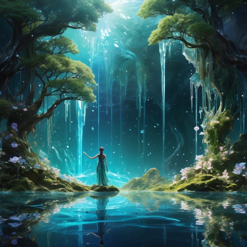 Magical Crystal Flowers & Opal Water Landscape with Nymph