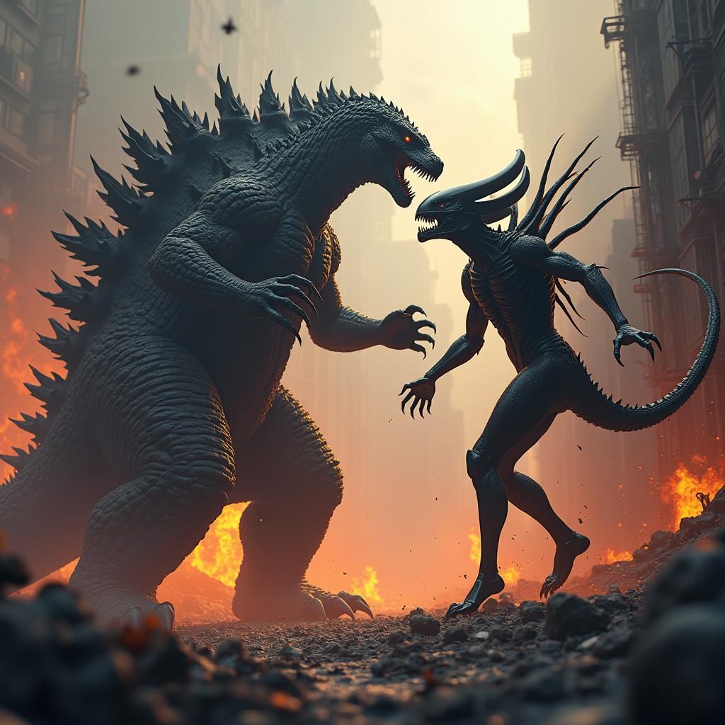 Godzilla vs Xenomorph: Apocalyptic Clash in Dark Fantasy Sty...