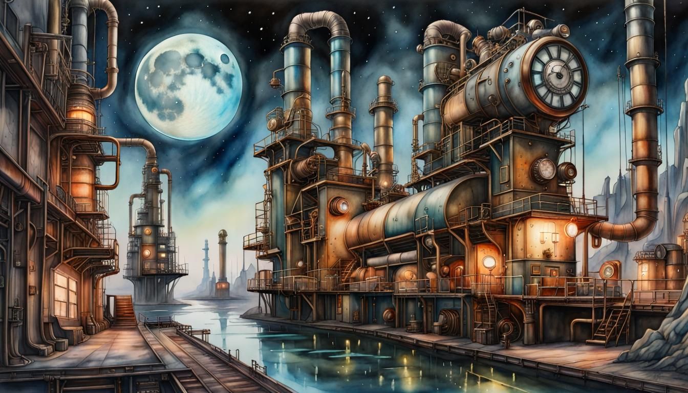 Bioluminescent Steampunk Moonscape in Watercolor Style