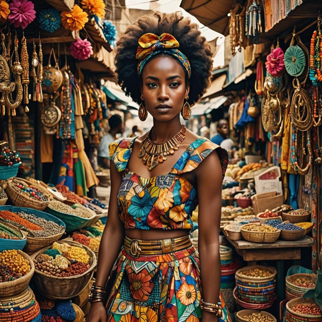 Ethiopian Woman in Afro-Futurist Street Market