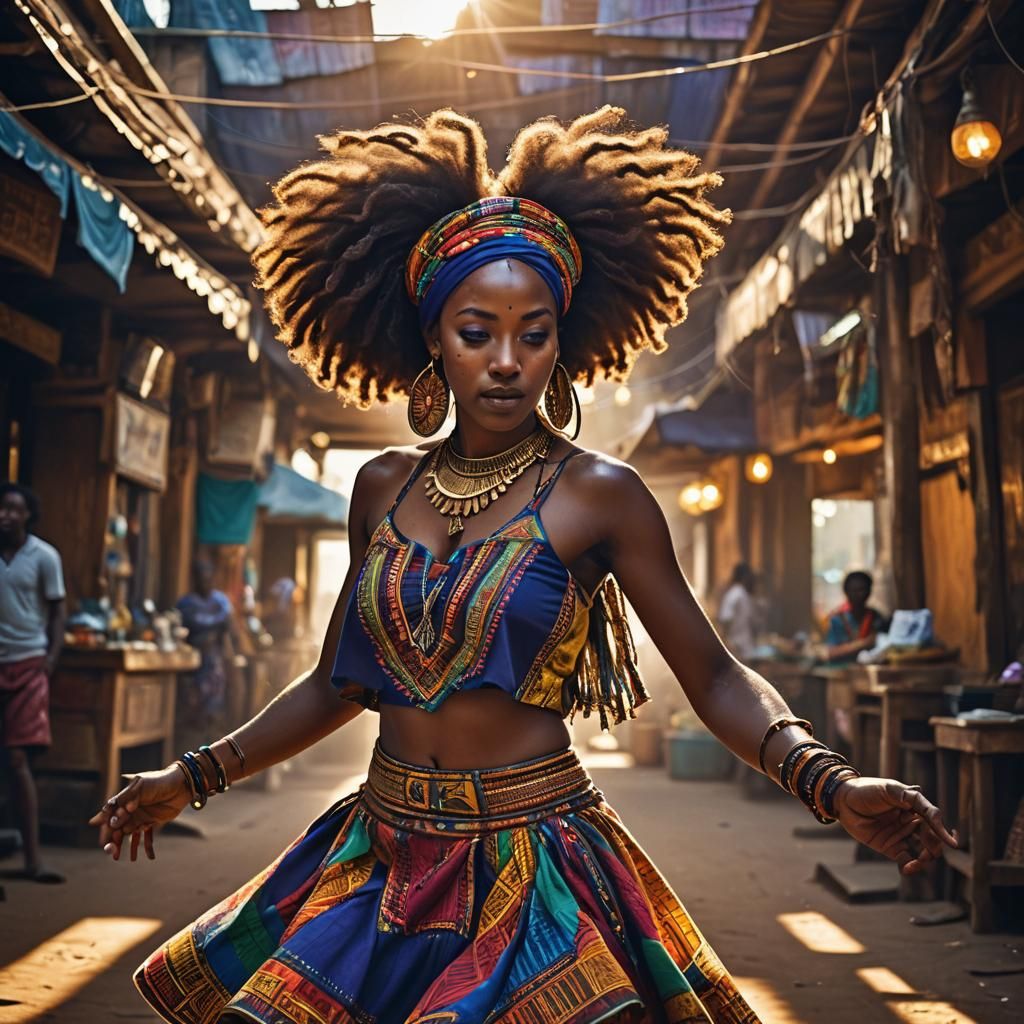 Ethiopian Woman Dancing in Afro-Futurist Style