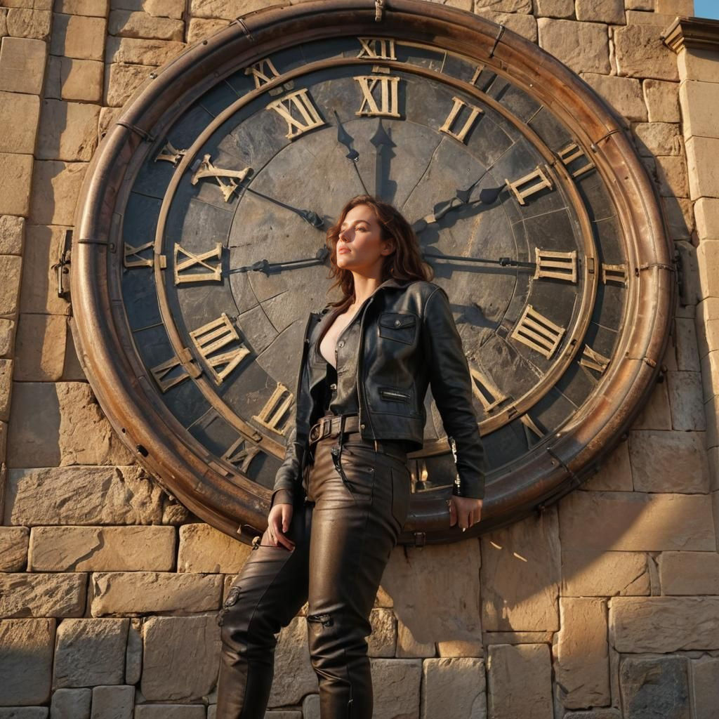 Woman on Clock Hand in Golden Hour Light