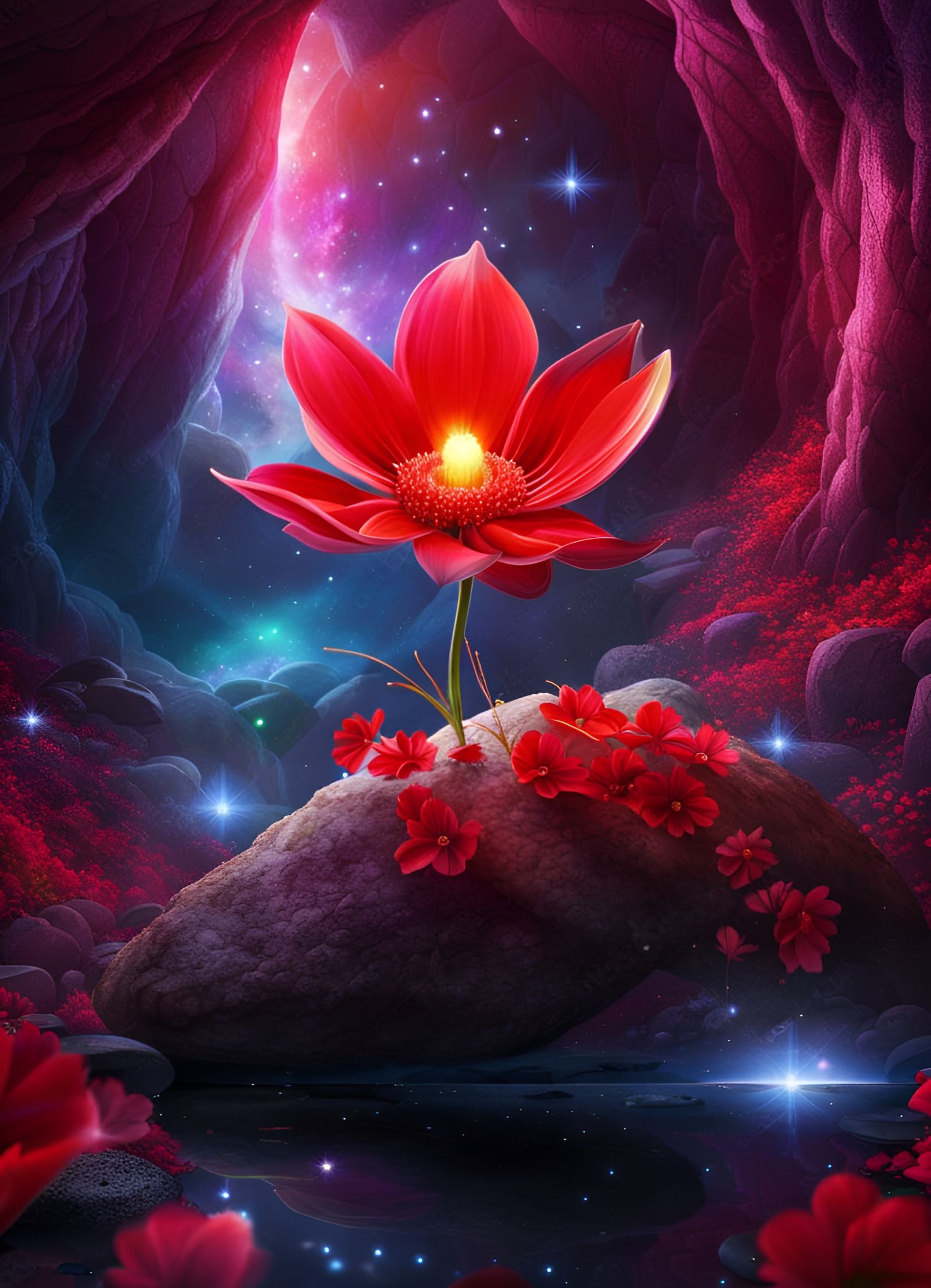 Enchanted Scarlet Flower in Magical Cave Fantasy Art