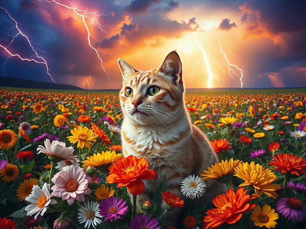 Cat Among Flowers in Stained Glass Style