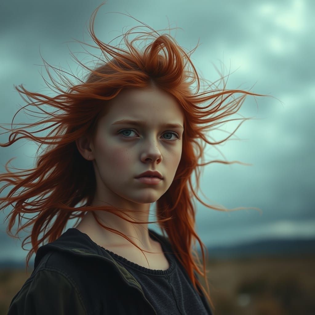 Ethereal Young Woman with Fiery Red Hair in Moody Skies