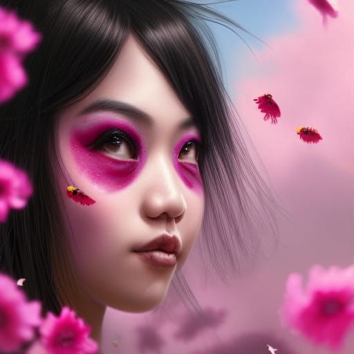 Dramatic Portrait of Asian Woman with Colored Dust