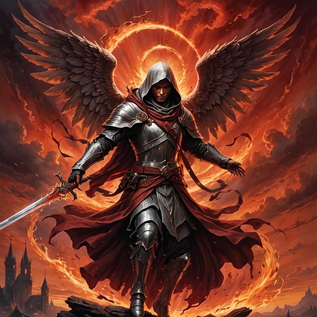 Hooded Angel with Flaming Sword in Red Sky