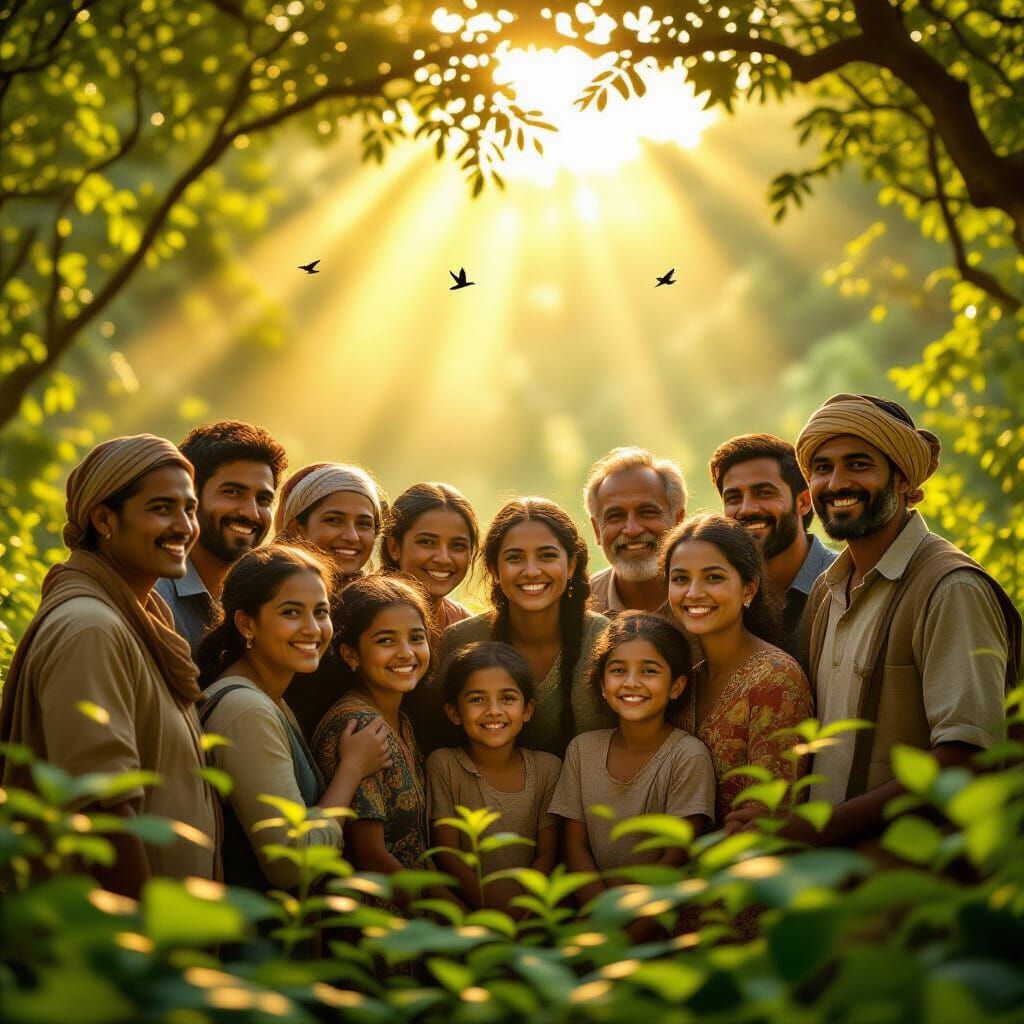 Cinematic Forest Scene: Diverse Villagers in Golden Light