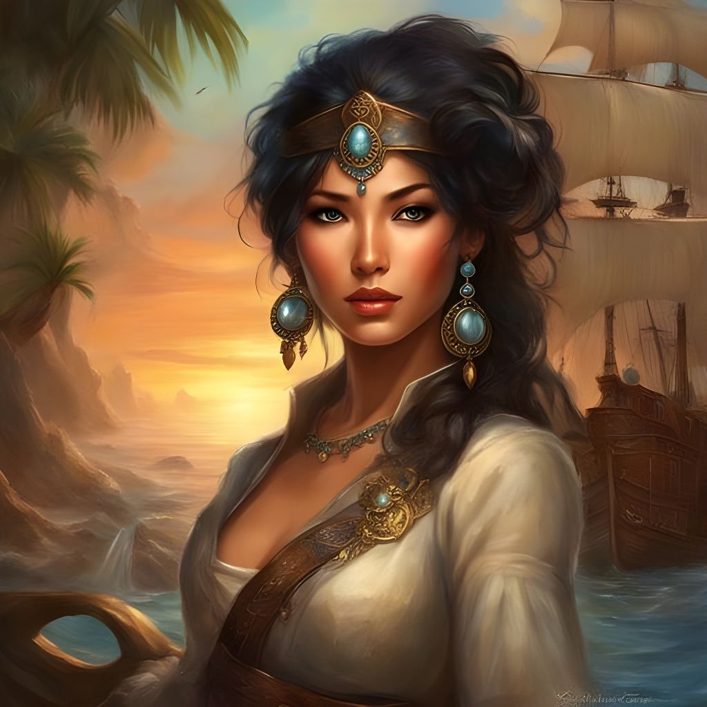 Beautiful Pirate with Penguin, Fantasy Art