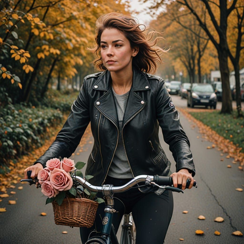 Woman with Rose Tattoo on Bike, Autumn Morning